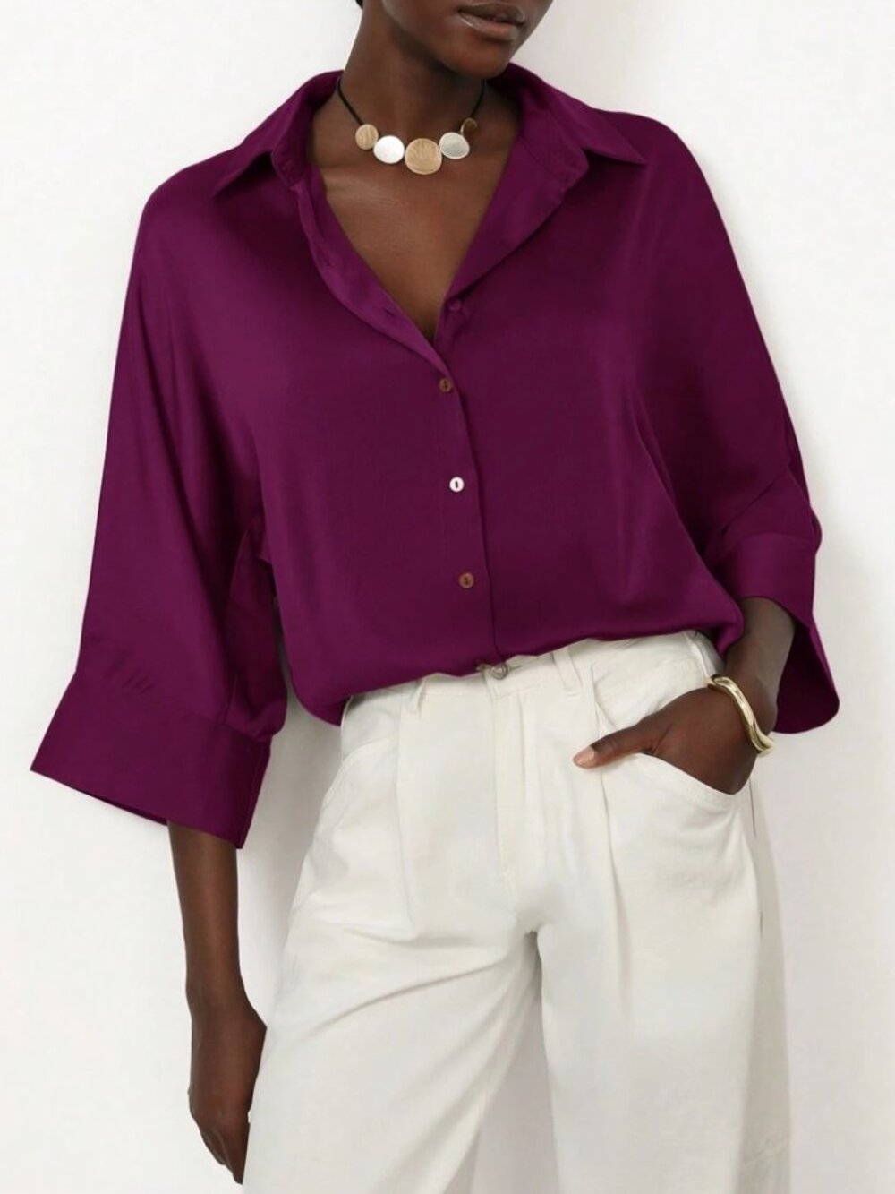 Plum Purple Satin Button-Up Blouse with Collar